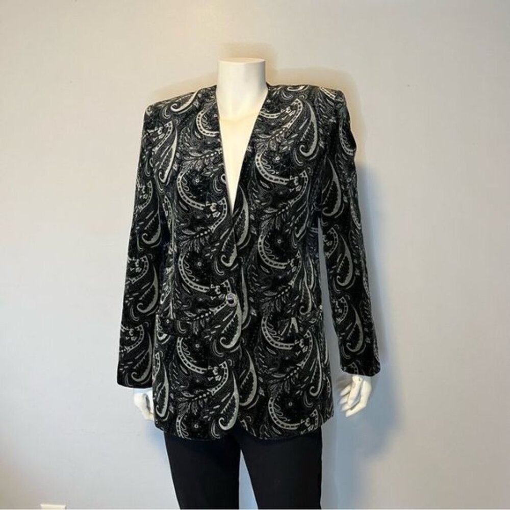 Vintage Paisley print grey black velvet blazer jacket tailored fit size medium
